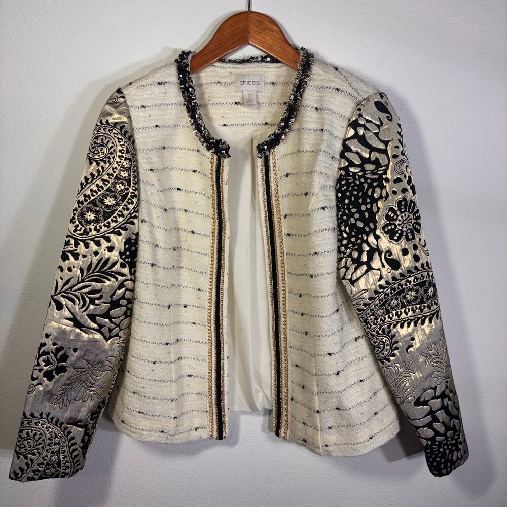 Chico's Textured Tweed Jacket Metallic Brocade Sleeve Chain Trim Size 0